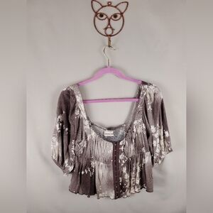 Urban Outfitters Crop Top Womens L Brown Floral Puff Sleeve Square Neck Corset